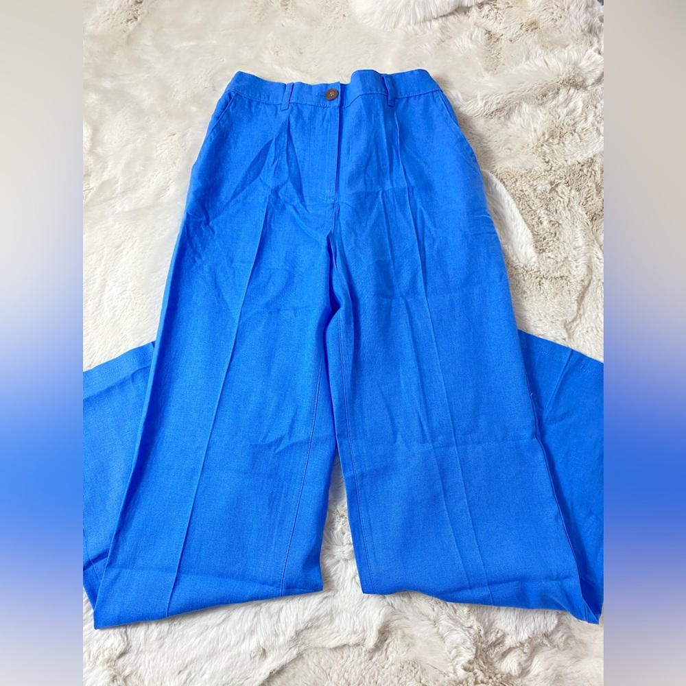 Blue Linen Wide Leg Pants